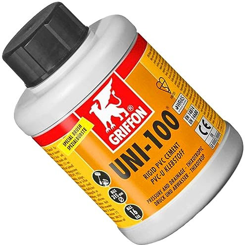 Klebe Fitting Kleber 250 Gramm für PVC Rohr Muffen Anschlüsse zum Verkleben Kaltschweißen mit Spezial Bürste UV-beständig für innen und außen Verbindung Kupplung PVC-U Klebstoff