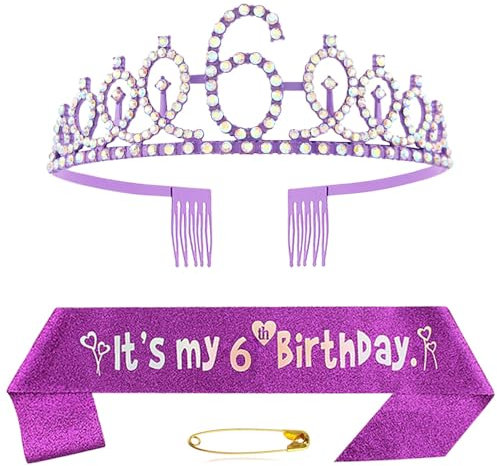 6. Geburtstag Schärpe Und Tiara Krone Lila Kristall Geburtstagkrone Set Lila Geburtstagskrone Schärpe Deko Birthday Crown für Mädchen Frauen Birthday Party Accessoires Geburtstagsdeko 6