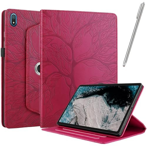 Netany Hülle für Nokia Tablet T20 - PU Leder Schutzhülle Flip Hülle, mit Stifthalter und Stylus 360 Grad verstellbare Schutzhülle Lebensbaums - Rot
