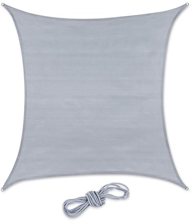 Relaxdays Sonnensegel quadratisch, 2 x 2 m, HDPE-Gewebe, UV-stabilisiert, konkav, Segeltuch mit Spannseilen, hellgrau