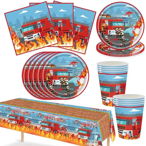 Bikasun Juego de Vajilla para Bomberos - Platos, Tazas, Manteles y Servilletas - Decoración de Mesa y Fiesta de Cumpleaños para Niños