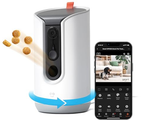 Geeni Treat Cam Pro - Comedero inteligente para mascotas con cámara HD 2K, visión nocturna, audio bidireccional, control Wi-Fi, seguimiento automático, color blanco