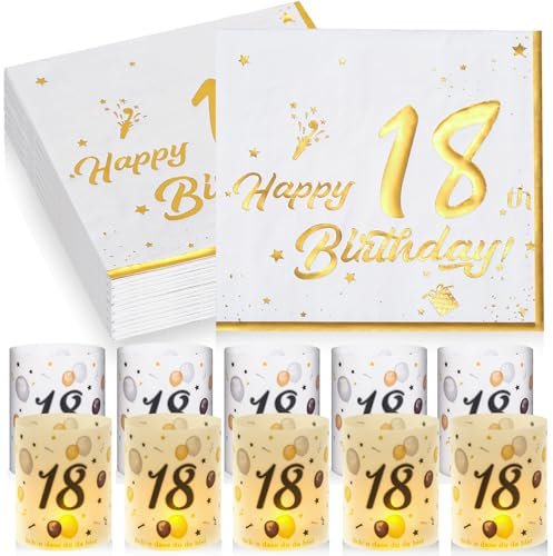 40 Servietten und 10 Windlicht Tischdeko für 18. Geburtstag, Happy Birthday Deko für Mädchen Junge, Frau Mann, Geeignet für Teelichter oder Kerzen