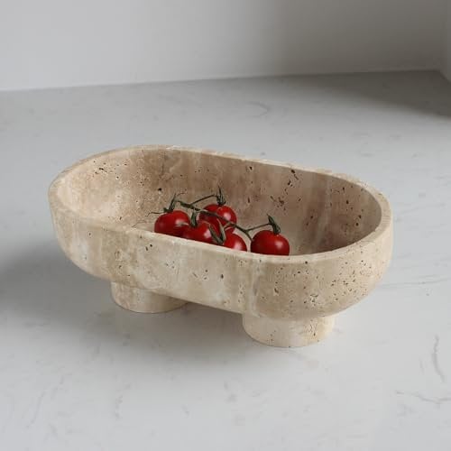 Natural Oval Travertine Fruit Bowl for Kitchen Counter 10, Large Decorative Bowl Two-Legs for Home Decor, Fruits Holder For Dining Table - Kitchen Organization