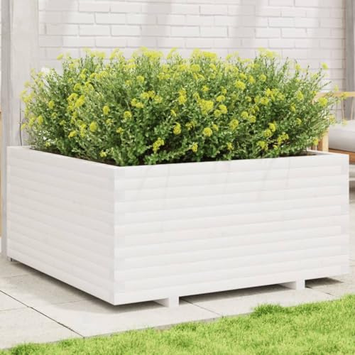 Iiaky Pflanzkübel Weiß 100x100x49,5 cm Blumenkasten Balkon Pflanzschalen FüR Draussen Balkon Pflanzkasten Massivholz Kiefer