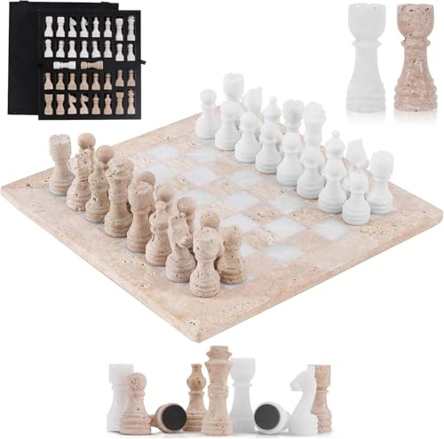 Schachspiel aus Marmor, 30 cm, handgefertigt aus Travertin und Weiß, mit Aufbewahrungsbox, luxuriöses Schachspiel für Erwachsene, mit Münzen und 2 zusätzlichen Königinnen. Elegantes Geschenk.