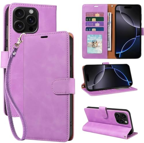 GOTOURED for iPhone 16 Pro Case Wallet, RFID Blocking Card Holder, Purple | 4 Card Slots, Wrist Strap, Soft PU Leather Flip Cover, Kickstand, Cash Pocket, Magnetic Closure, TPU Shell Protective