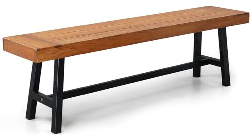 Bonnlo Solid Wooden Bench with Metal Legs, 160cm Dining Wood Benches, Rustic, Indoor Outdoor Seat, for Garden Deck Lounge