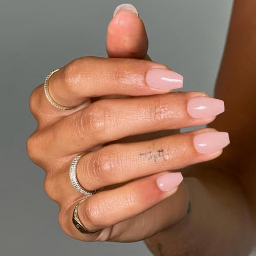 KQueenest Acrylic Press on Nails Short Medium Coffin, Pink False Nails Short Ballerina, Glossy Natural Solid Color Fake Nails Set, Reusable Gel Stick on Nail for Women Finger Daily Wear 24 Pcs