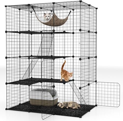 GYMAX Casa Gabbia per Gatti a più Livelli, in Metallo, Recinto per Gatti con Amaca Rimovibile, Porta, Scale, Parco in Metallo per Animali Domestici per Conigli e Cuccioli (109,5 x 74 x 142 cm)