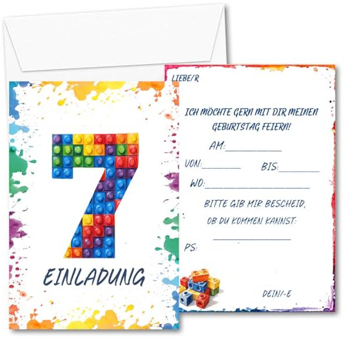 12x 7. Geburtstag Baustein Einladungen Kindergeburtstag Mädchen und Junge, Blocks Einladungskarten inkl. 12 Briefumschlägen, Witzige Baustein Geburtstag Einladungen für die Geburtstagsfeier (7)