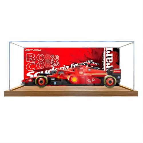Suitable for LE-GO 77242 SF-24 F1 Race Car Toy Storage Box Racing Acrylic Storage Box Dustproof Transparent Box Custom Display Case Storage Box (No Model) (wood+background) (Wood-Effect Baseplate)