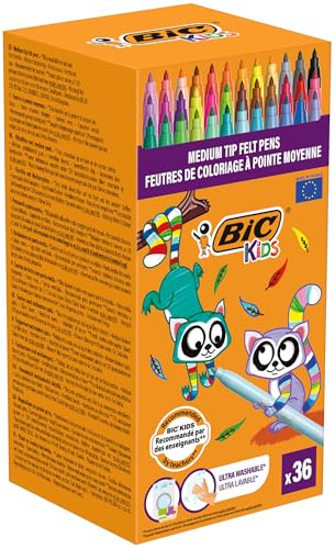 BIC Kids Kid Couleur Filzstifte, 36 Farben, Wasserlöslich, Mittlere Spitze, Ab 5 Jahren