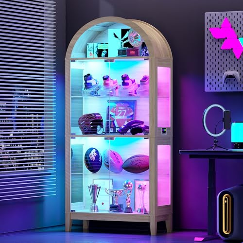 Gewölbtem Vitrine mit Dynamische Beleuchtung,Glasvitrine mit Abschließbare Glastür und Intelligente Sensorik,Curio Vitrine mit verstellbaren Einlegeböden für Wohnzimmer,Trophäen, Spielzeug,Holzfarbe