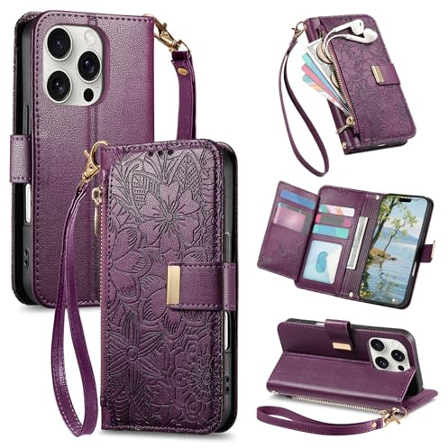 VEEMOS Phone Case for Apple iPhone 16 Pro Max Case with Zip Wallet Purse Card Holder Slot Embossed Flower Design Folding Flip Cover Leather Stand Lanyard Wrist Strap Women - Purple