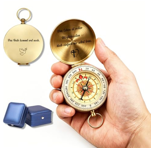 RSQGT Personalisierter Kompass mit Gravur von Name, Datum oder Logo | Robustes Messinggehäuse, Leuchtkompass, Wasserdicht, Ideal als Outdoor-Geschenk für Wandern, Camping, Freizeit & mehr