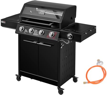 Royal Gourmet 4 Brenner Gasgrill mit Seitenbrenner Grillwagen mit 15,5 kW, Sichtfenster, Unterschrank für Gasflasche, TURBO ZONE
