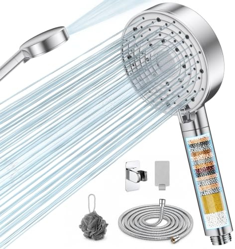 Shower Head and Hose,Hard Water Filter ShowerHead, 25-Stage Filtration for Chlorine Removal, Bathroom Shower Systems High Pressure Shower Head with 10 Spray Modes & Built-in Power Wash