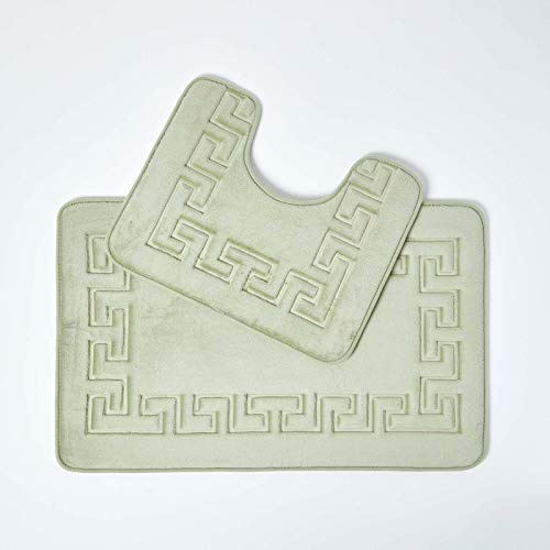 HOMESCAPES Memory Foam Sage Green Bath Mat & Pedestal Set 50 x 80 cm Soft Velvet Surface Anti Slip Rubber Backing Machine Washable Greek Key Design