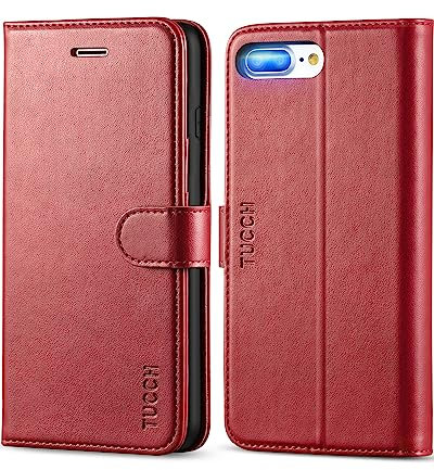 TUCCH Funda para iPhone 8 Plus/iPhone 7 Plus, Funda Protectora Cuero PU con Cáscara de TPU, Soporte Plegable, Ranura para Tarjeta, Cierre Magnético, Funda Tapa para iPhone 8 Plus/7 Plus, Rojo Oscuro