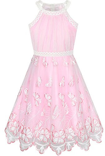 Sunny Fashion Robe Fille Rose Papillon Brodé Licou Robe Habiller Partie Robes d'été Robes de Demoiselle 6 Ans