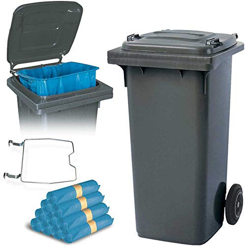 BRB Poubelle de 120 litres avec support pour sacs poubelles + 250 sacs poubelle (gris)