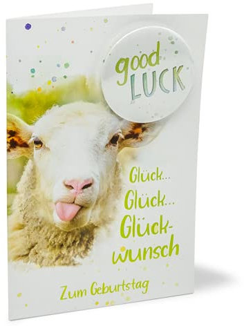 KE - Humorvolle Geburtstagskarte DIN B6, Inklusive Umschlag und Button, Klappkarte mit Schaf Motiv