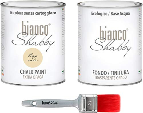 CHALK PAINT Beige Corda & FINITURA + PENNELLO - Pittura Shabby Chic EXTRA OPACA (1 Litro) + Finitura Trasparente Opaco (1 Litro) + 1 Pennello Pro 40 mm