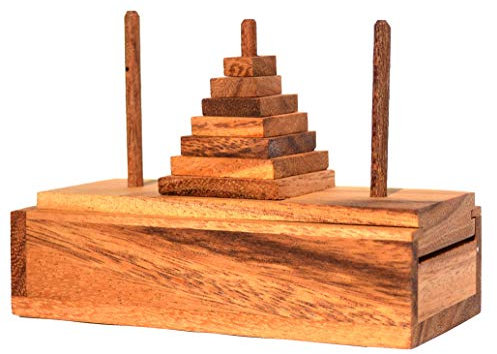 Pagoda 7 Quadrat small, Knobelholz Konzentrationsspiel mit 7 eckigen Scheiben aus Holz, setze den Turm um Aber benutze nur 1 Scheibe, Turm von Hanoi Holzpuzzle, Knobelspiel, IQ Puzzle