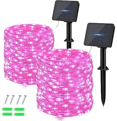 Dalugo Solar String Lights Outdoor, 120 LED Solar Powered Fairy Lights 40Ft 8 Modes Waterproof Garden Lights for Garden Tree Party Wedding Indoor/Outdoor Decoration(Pink-2 Pack)