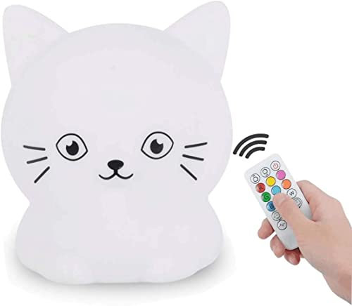 Tekemai Veilleuse pour enfants, lampe de chevet en silicone portable, lumière multicolore avec télécommande, soin des yeux, luminosité et couleur réglables, cadeau de Noël - Chat