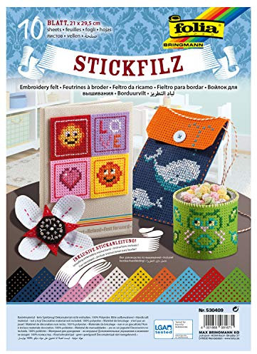 folia 530409 - Stickfilz, 10 Blatt, in verschiedenen Farben, ca. 21 x 29,5 cm, inkl. Stickanleitung, ideal geeignet für vielfältige Stickarbeiten