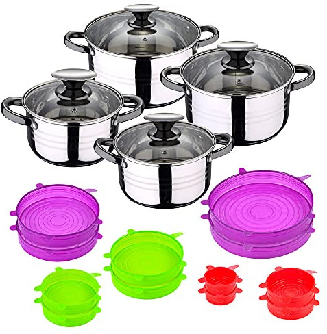 Bateria de cocina 8 piezas apta para induccion SAN IGNACIO Hita en acero inoxidable con set de 12 tapas de silicona Jolie