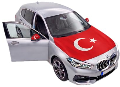 Auto Fahnen Türkei Set - Motorhaubenflagge & 2 Außenspiegelfahnen Überzieher, Autoflagge Fanartikel für Fußball EM & WM, Türkische Flagge Fahrzeug Deko
