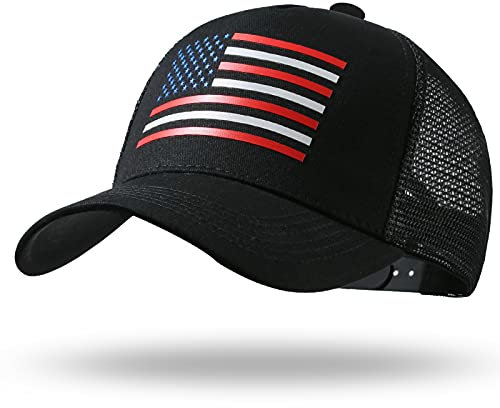 Trucker-Mütze mit amerikanischer Flagge, Snapback-Mütze, Baseballkappe für Herren und Damen, atmungsaktive Netzseite, verstellbare Passform, für Freizeitkleidung, Schwarz/US, Einheitsgröße