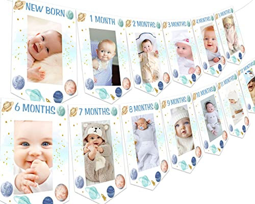 Fangleland Weltraum Thema 1 Geburtstag, Foto Banner, erste Reise um die Sonne, Geburtstagsdekoration, blaues Baby Bild Banner für Neugeborene bis 12 Monate Junge