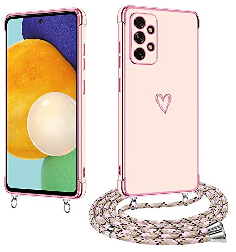 E-Lush Handyhülle für Samsung Galaxy A52 5G / 4G / A52s 5G Hülle mit Band, Herz Muster Galvanik Silikon Handy Hülle mit Kette Kameraschutz Schutzhülle Stossfest Case mit Kordel zum Umhängen, Roségold