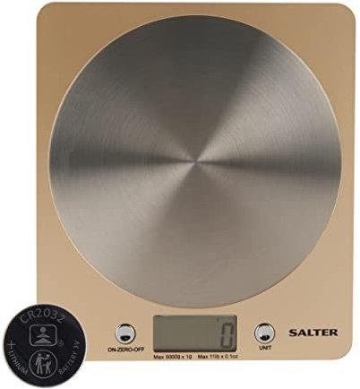 Salter 1036 OLFEU16 Olympus Digitale Küchenwaage - elektrische Lebensmittelwaage mit Edelstahl Plattform, einer Kapazität 5kg, Backwaage mit Tara-Funktion, misst Flüssigkeiten, LCD-Anzeige, Gold