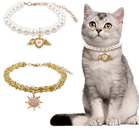 HACRAHO Hunde Perlenkette Halsband, 2 Stück Perle Kristall Hund Halskette mit Herz Anhänger Verstellbar Kristall Katzenhalsband mit Sonnenanhänger für Kleine Katzen und Hunde