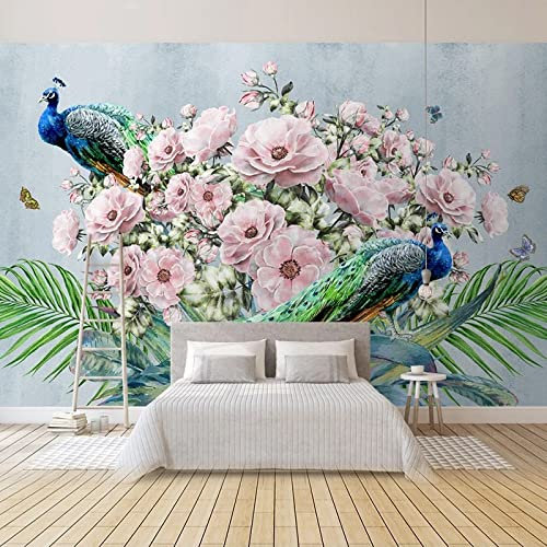 YXTSmurals Pink Flower Peacock Photo Wallpaper Non-Woven 3D Print Mural Decoration Poster Picture Living Room Bedroom Wall Decor Self-Adhesive Sticker Wall Art Mural Background