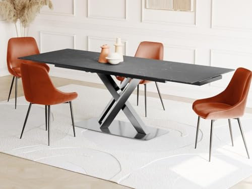 Vente-unique THYLIA Esstisch, ausziehbar, 6 bis 8 Bestecke, Keramik und Metall, Marmor-Effekt, Schwarz