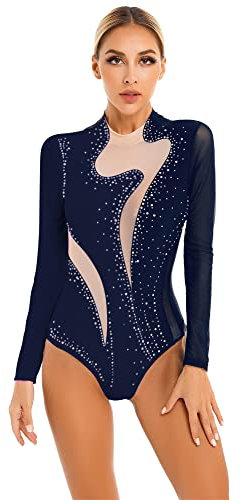 iEFiEL Damen Glitzer Turnanzug Mit Strass Tanzbody Einteiler Tanzanzug Sportlich Leotard Ballett Trikotanzug Wettbewerb Tanzkostüm Marineblau XXL