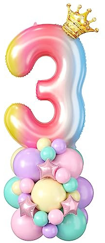 Regenbogen Zahl 3 Ballon 40 Zoll Farbverlauf Nummer 3 Folienballons Riesiger Digitaler Drei Ballonturm Ständer mit Krone Große Große Luftballons Stapel für Mädchen Frauen Dritter 3. Geburtstag