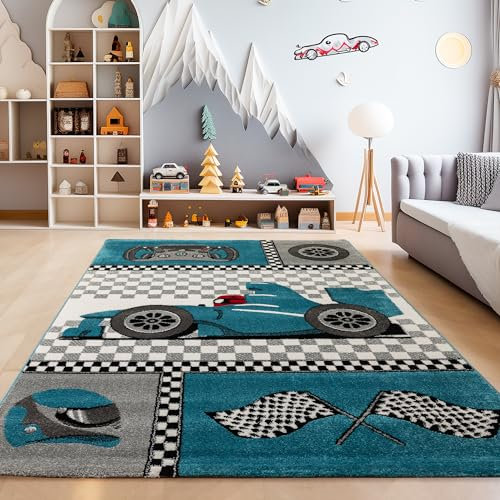 SIMPEX Teppich Rund Kinderzimmer Rennwagen Design Blau Kurzflor Kinderteppich mädchen Spielteppich Modern Design Babyzimmer Teppiche für Junge und Mädchen Extra Weich 120 cm Rund