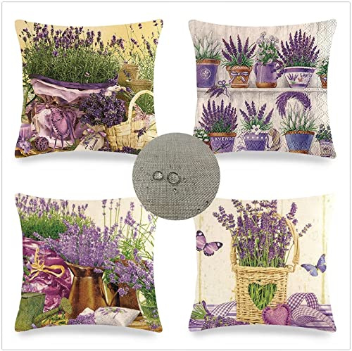 Sommer Outdoor Kissenbezug 35x35 4er Set Dekokissen Wasserdichtes Leinen Kissenbezüge, Lavendel Muster Kissenhüllen für Sofa Schlafzimmer Couch Garten Outdoor Herbst Auto Violett Kissen JW-8979