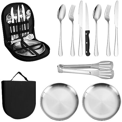 La Llareta Juego De Cubiertos Para Camping, 11 Pcs Acero Inoxidable Juego De Cubiertos De Viaje Portátil, con Bolsa Con Cremallera, para 2 Personas Senderismo, Camping Picnic