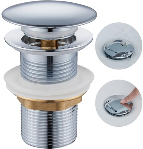 Desagüe Lavabo sin Rebosadero, Ulytid Tapon Pop Up Lavabo, Válvula Desagüe Click Clack Lavabo, Universal G1 1/4 para Baño & Inodoro, Núcleo del Muelle de Latón, Acabado Cromado, Plata