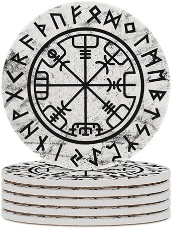 Lot de 1 à 6 dessous de verre - Symbole scandinave - Motif runes viking - Soucoupe lavable pour café, bière, vin, décoration de pendaison de crémaillère, cadeau de mariage, 10 cm