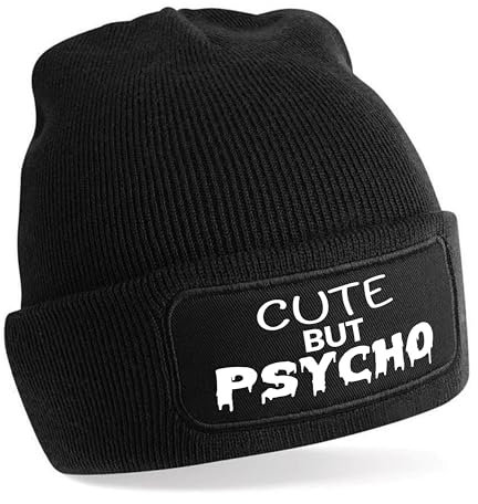 Herzbotschaft Beanie Strickmütze mit Spruch | Cute but Psycho | schwarz | Unisex SoftTouch angenehm weiche und warme Wintermütze | OneSize Einheitsgröße für Erwachsene