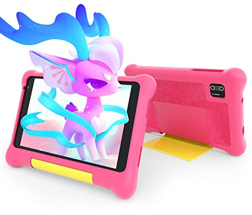 Hakaug Kid Tablet 7 inch Android 13 Quad Core 32 GB ROM 128 GB Extendable 1024x600 IPS Display Parental Control Protable Tablets PC for Kids with Dual Camera Shockproof Case (Pink)